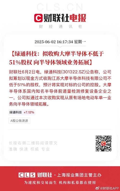 绿通科技：拟5.3亿元收购江苏大摩半导体51%股权